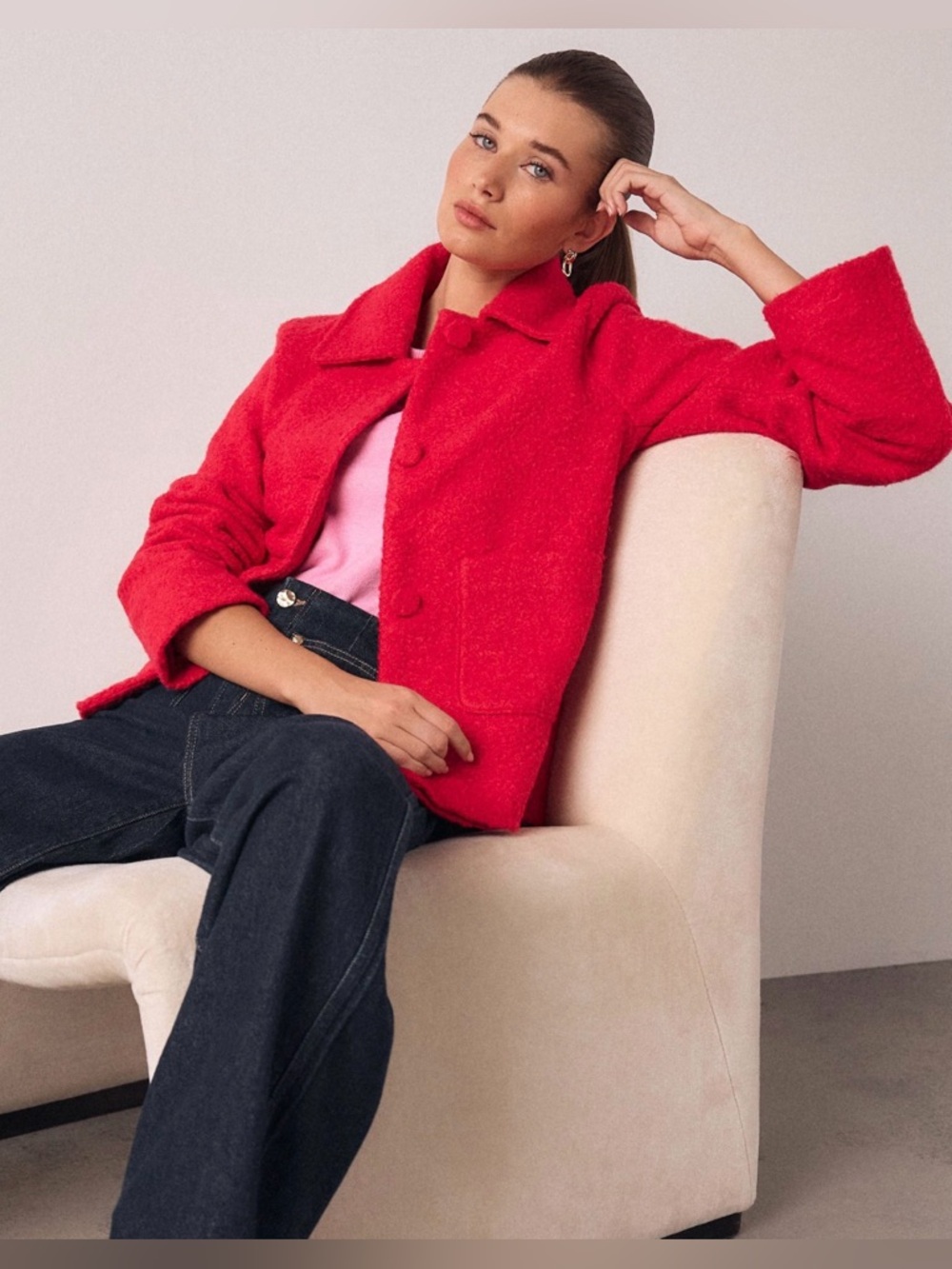 💛 Deane & White Red Teddy Sherpa Fuzzy Jacket Coat
